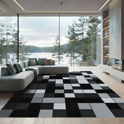 Modern Minimalist Monochrome Geometric Grid Rug