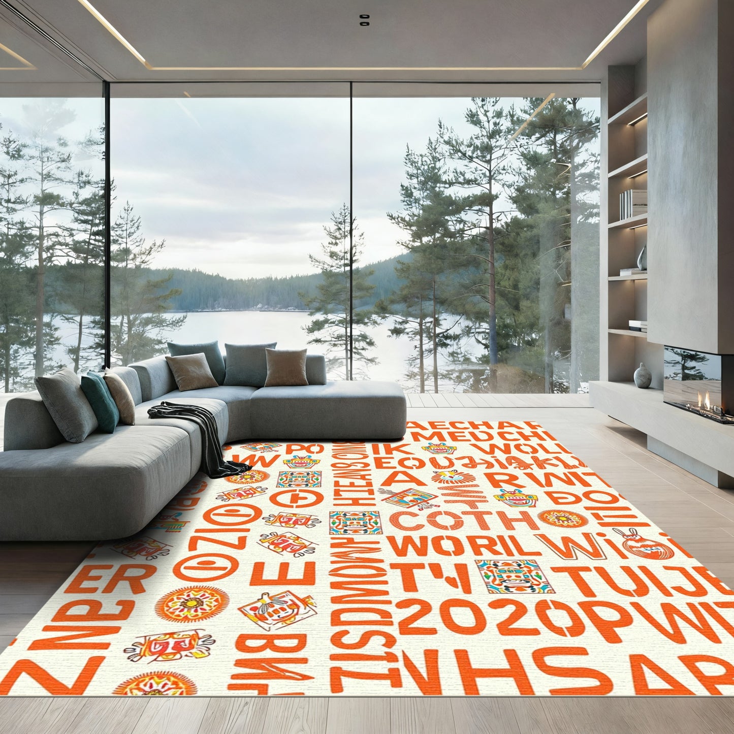 Orange Alphabet Characters Tribal Masks Rug