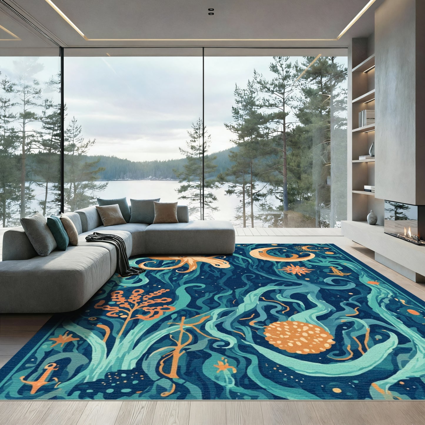 Deep Teal Ocean Life Octopus Moon Rug