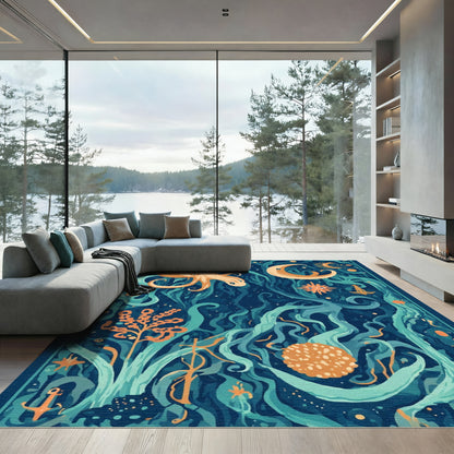 Deep Teal Ocean Life Octopus Moon Rug