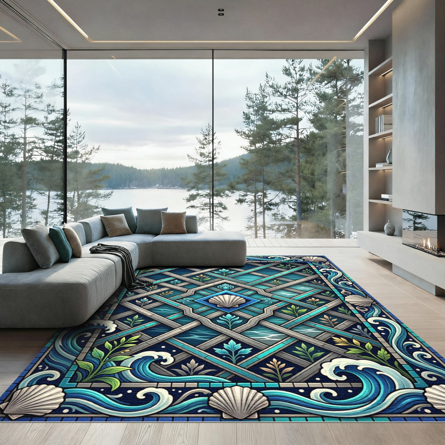 Coastal Blue Seashell Wave Lattice Rug