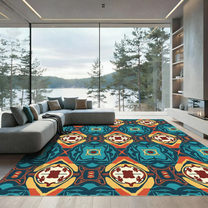 Bold Teal Orange Geometric Medallion Rug