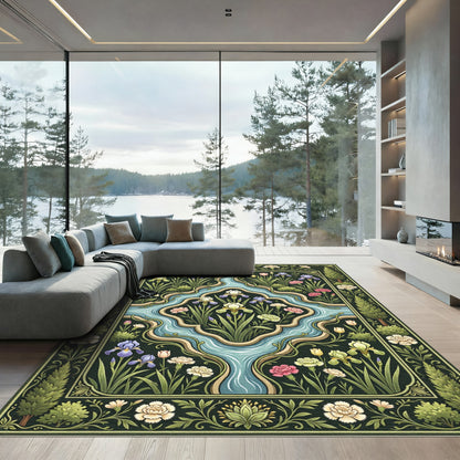 Dark Emerald Garden River Floral Arrangement Rug