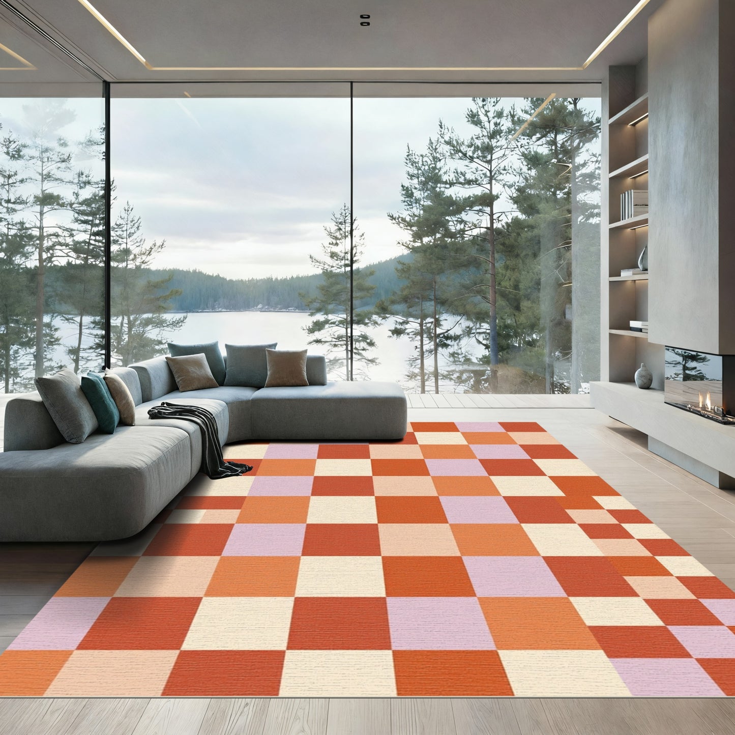 Modern Red Orange Checkerboard Squares Rug