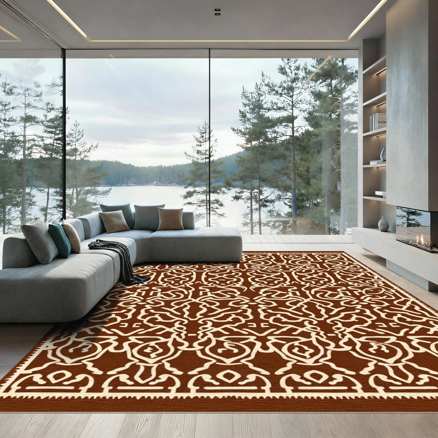 Rich Brown Curving Interlocking Paisley Rug
