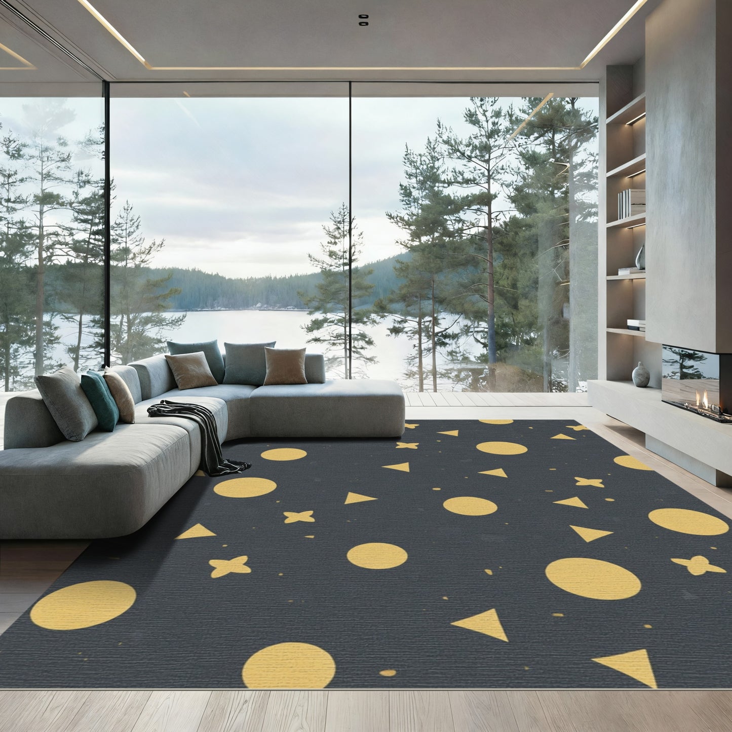 Golden Geometric Shapes Scattered Rug