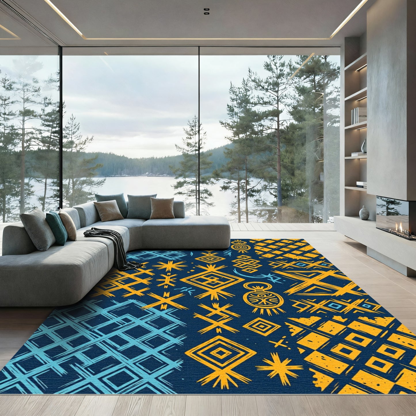 Vibrant Indigo Mustard Geometric Folk Tile Rug