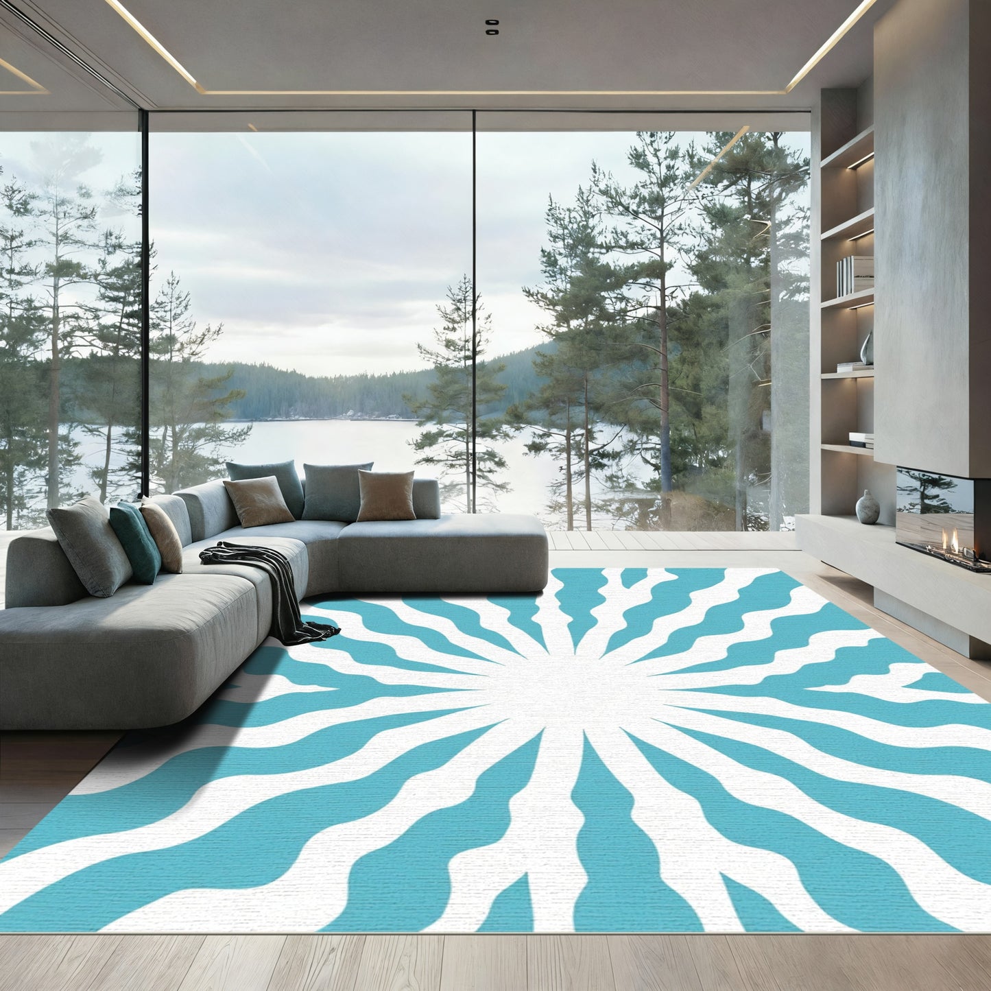 Cool Blue Radiating Wave Rug
