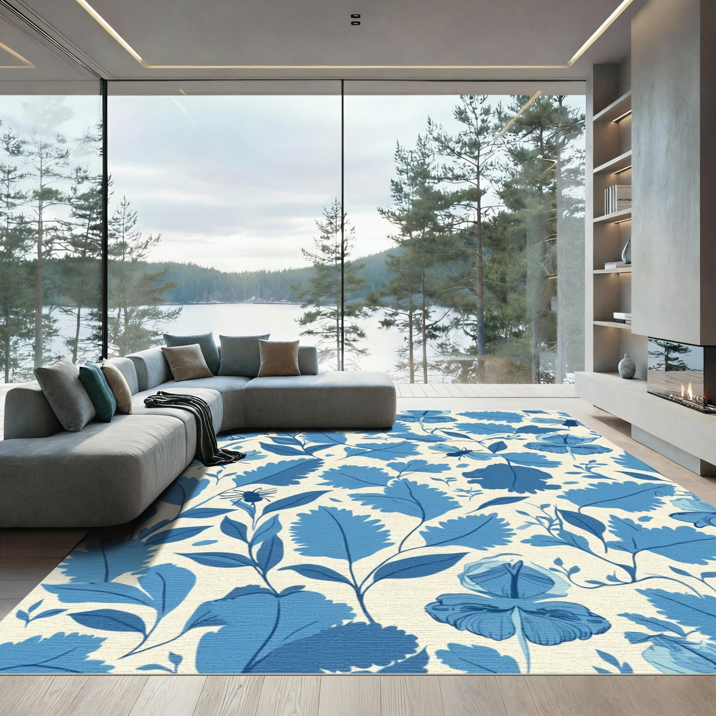 Blue Floral Insect Blossom Garden Rug