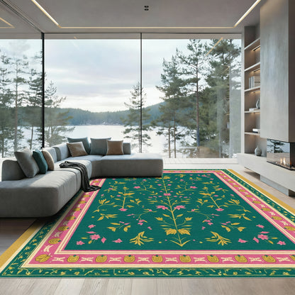 Emerald Green Pink Flowering Tree Rug