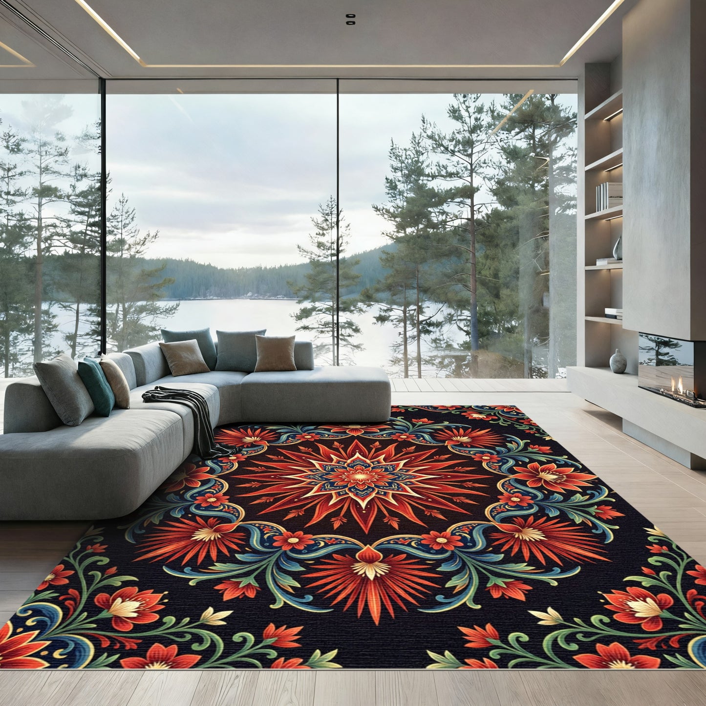 Vibrant Crimson Floral Mandala Medallion Rug