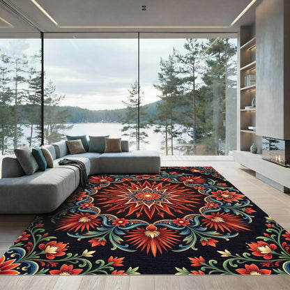 Vibrant Crimson Floral Mandala Medallion Rug