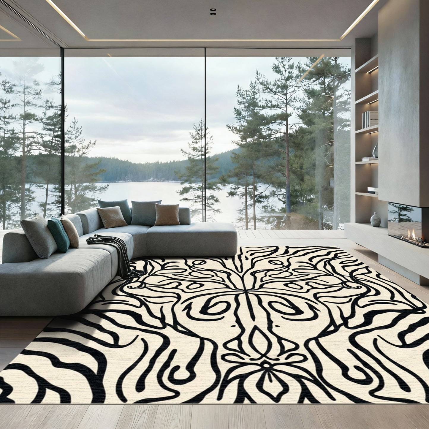 Ornate Cream Black Floral Swirl Rug