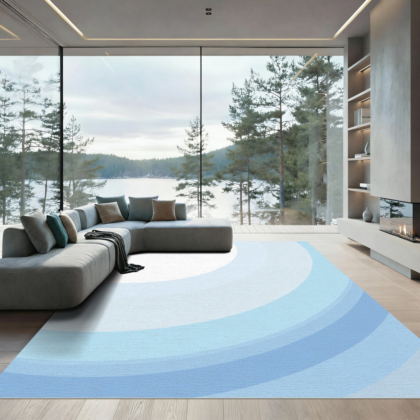 Cool Aqua Layered Arc Rug