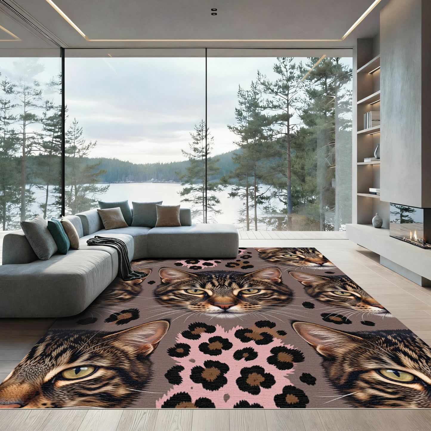 Feline Faces with Pink Leopard Spots Rug