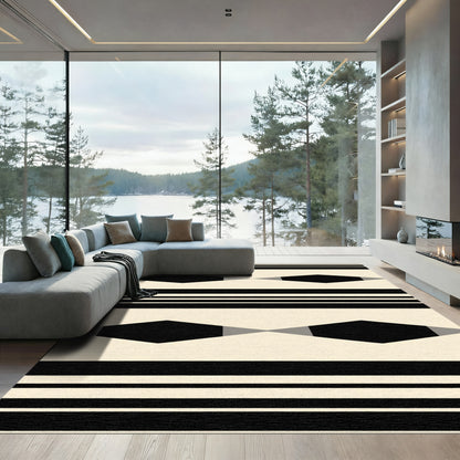 Cream Black Geometric Diamond Striped Rug
