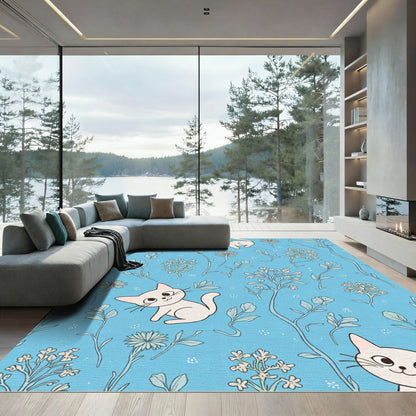 Cute Cream Cats Sky Blue Floral Fields Rug