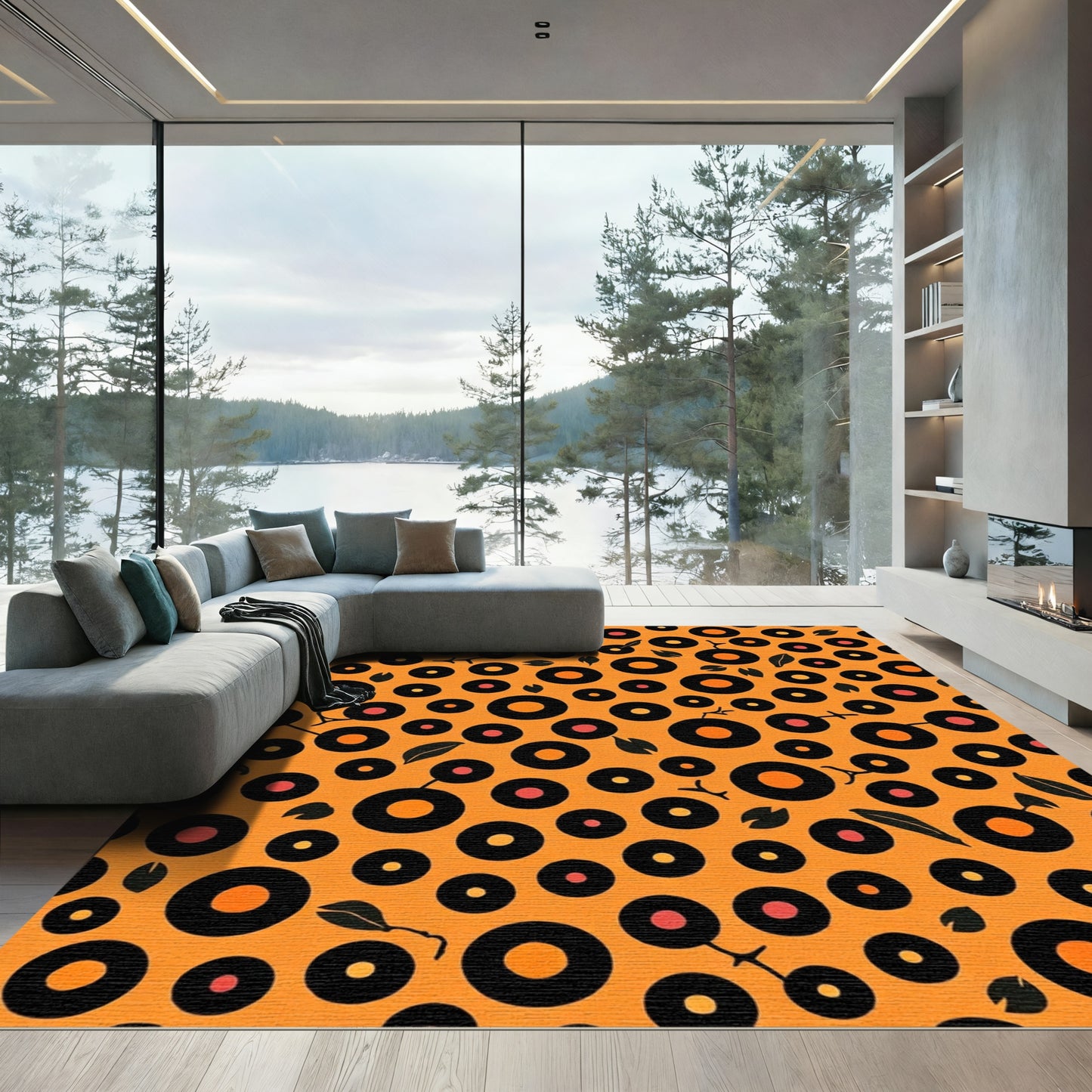 Orange Circles with Black Dot Accents Rug
