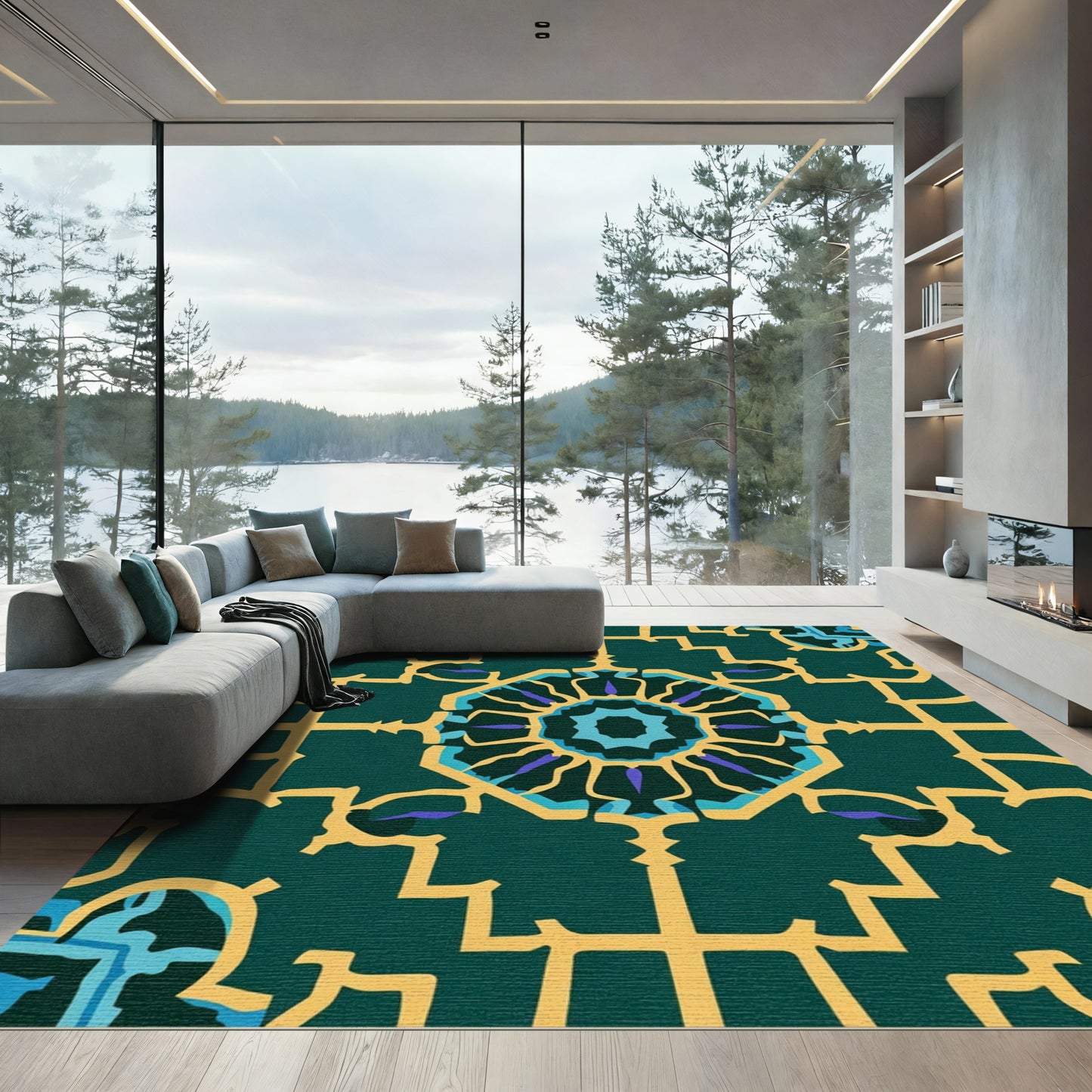 Deep Teal Geometric Medallion Rug