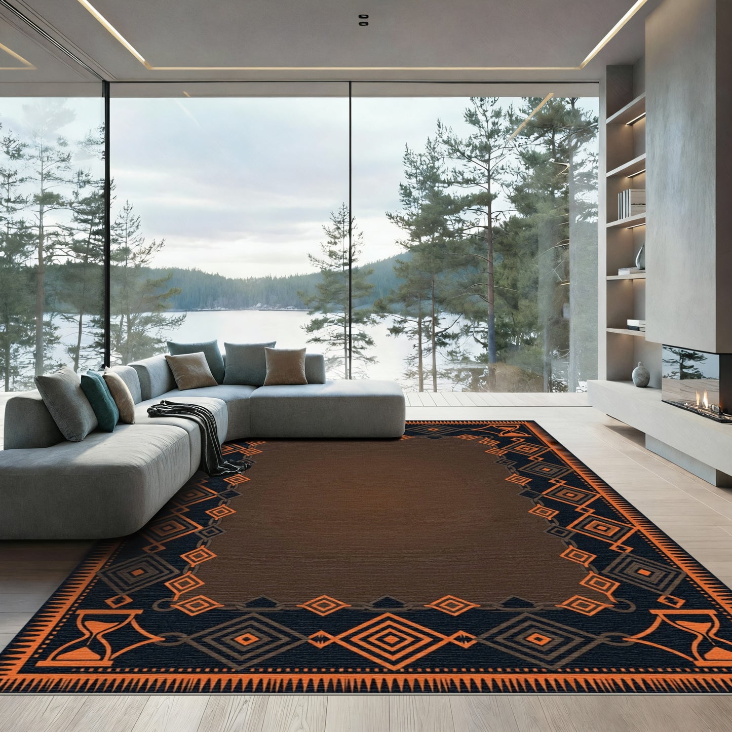 Geometric Hourglass Bordered Ochre Rectangle Rug