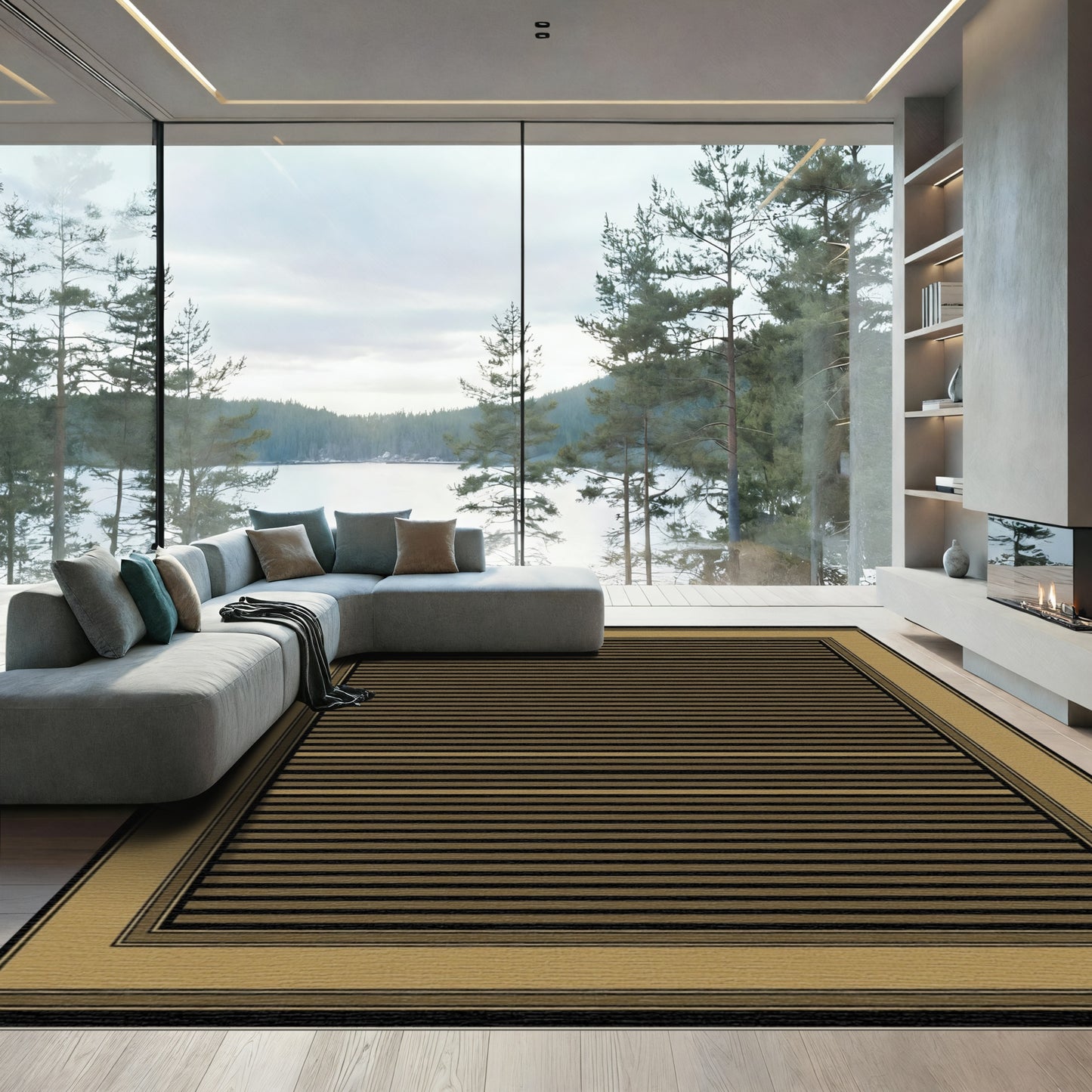 Black and Gold Striped Border Rug