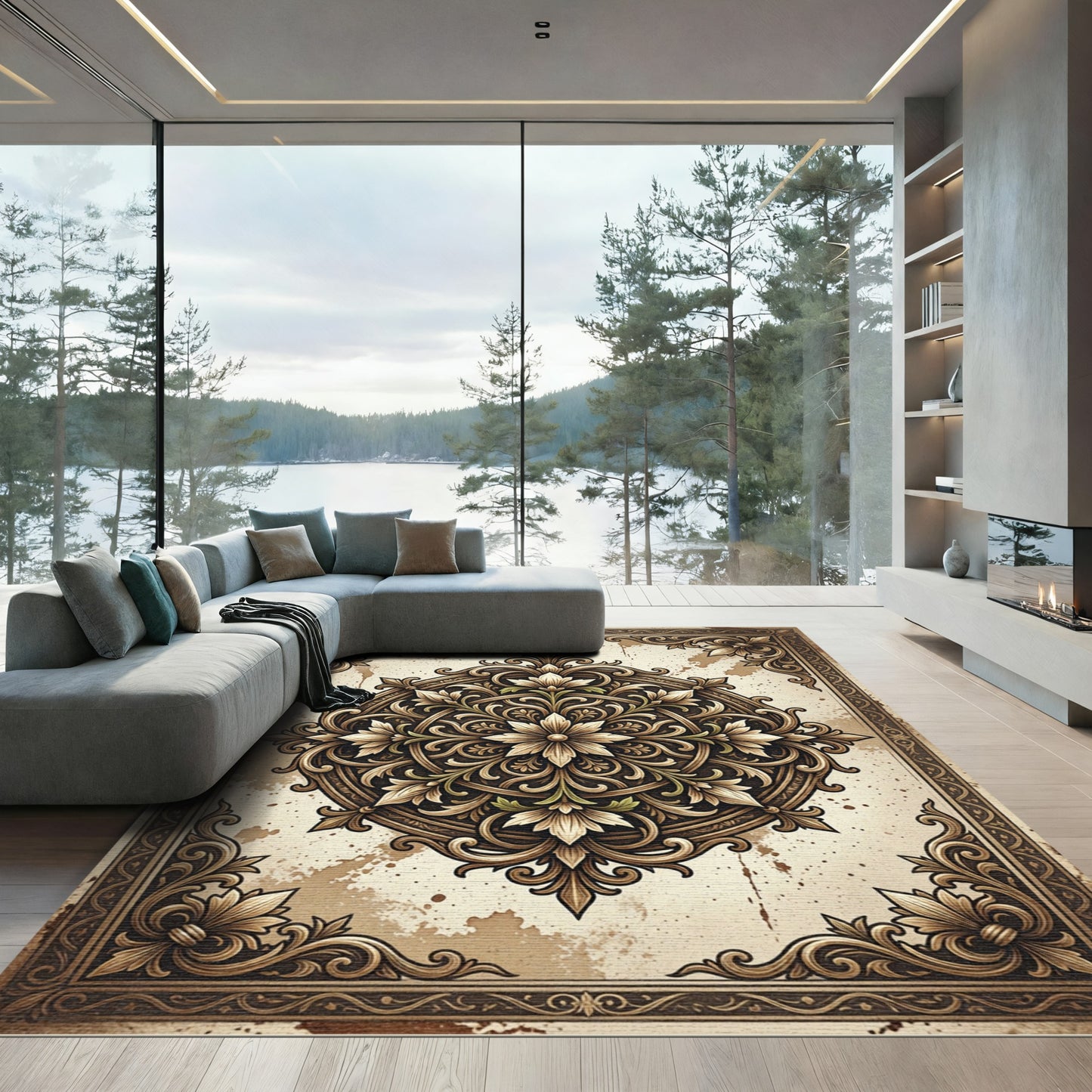 Vintage Beige Floral Ornate Medallion Rug
