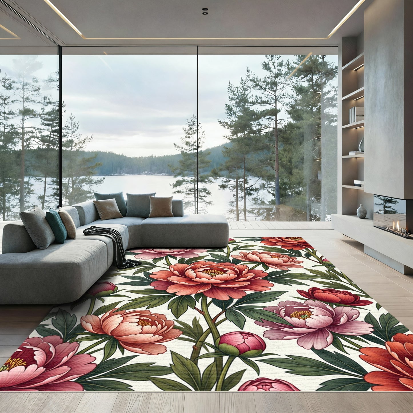 Elegant Peony Floral Botanical Blush Rug