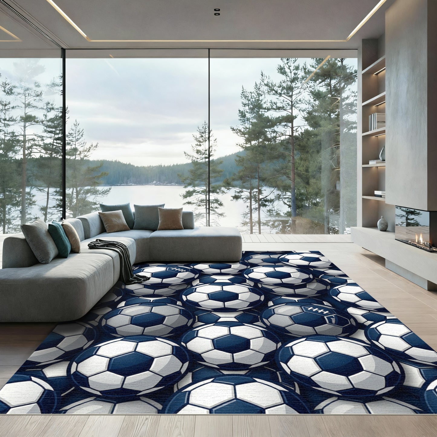 Navy and White Hexagonal Soccer Ball Rug