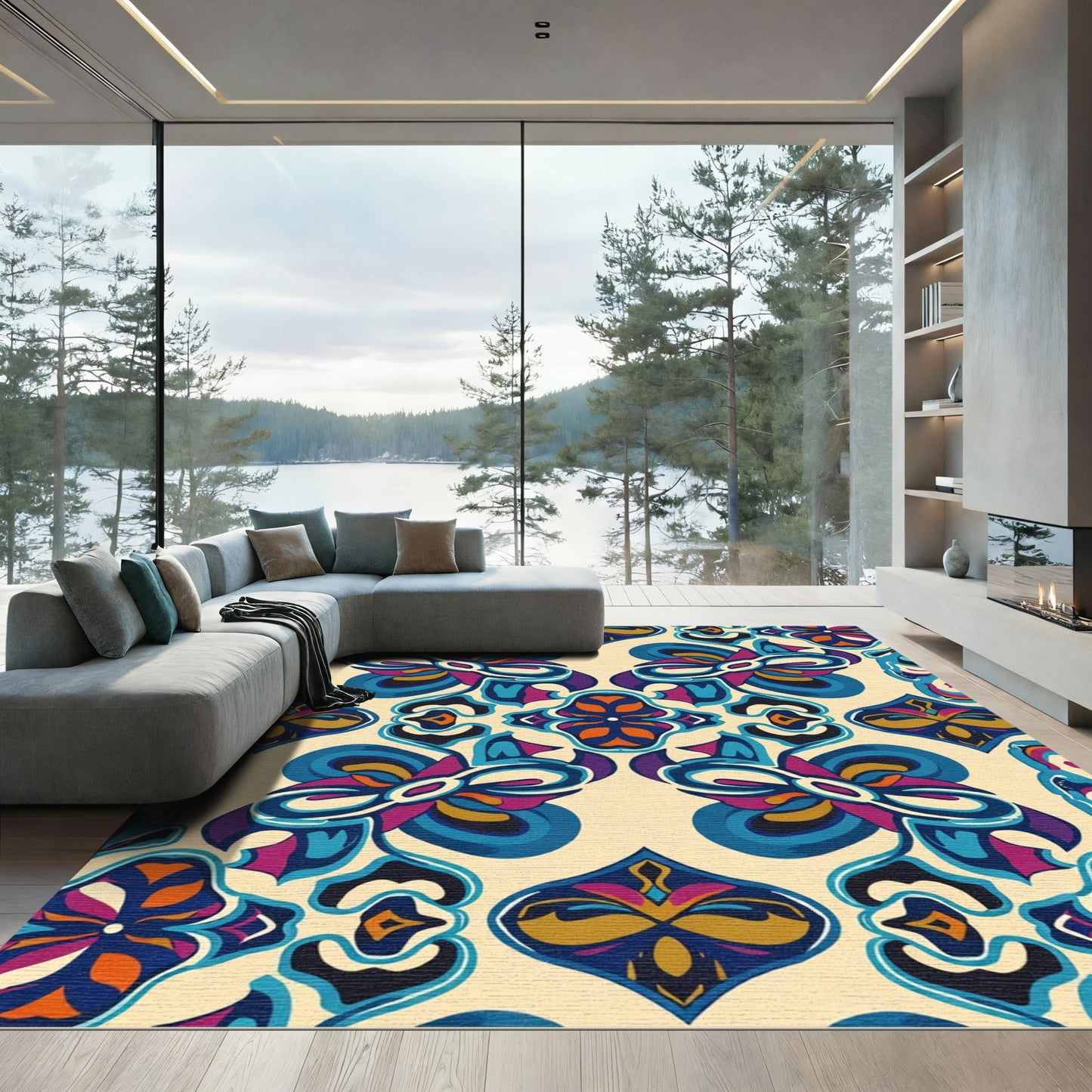 Bold Blue Purple Floral Swirl Rug