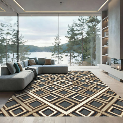 Modern Geometric Golden Coffee Interlocking Grid Rug