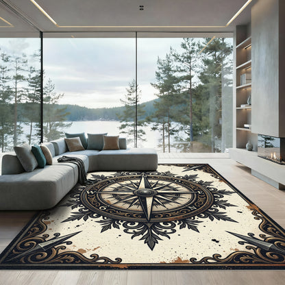 Vintage Gold Compass Nautical Art Rug