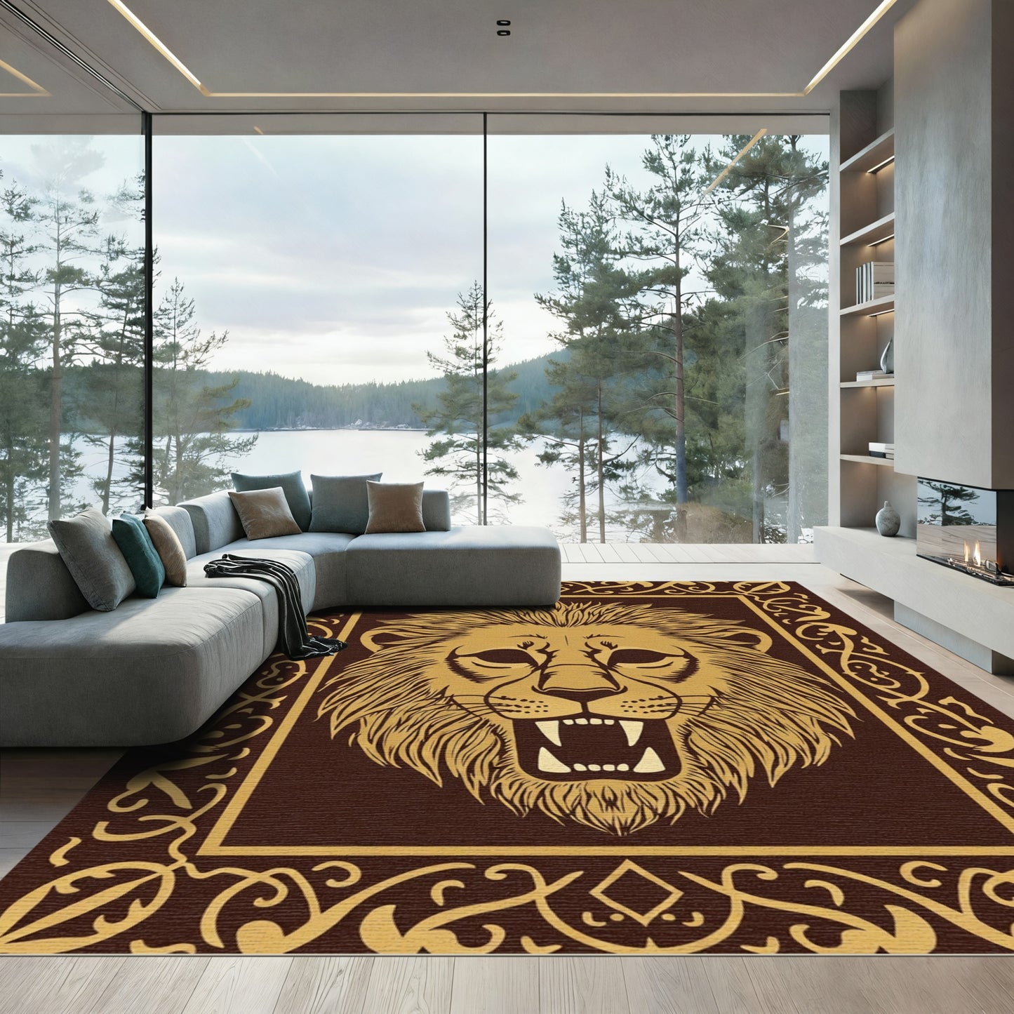 Golden Lion Roaring Emblem Frame Rug