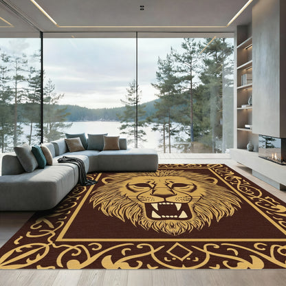 Golden Lion Roaring Emblem Frame Rug