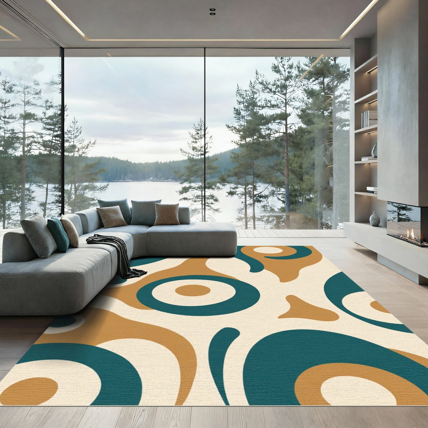 Teal Mustard Abstract Organic Shapes Rug