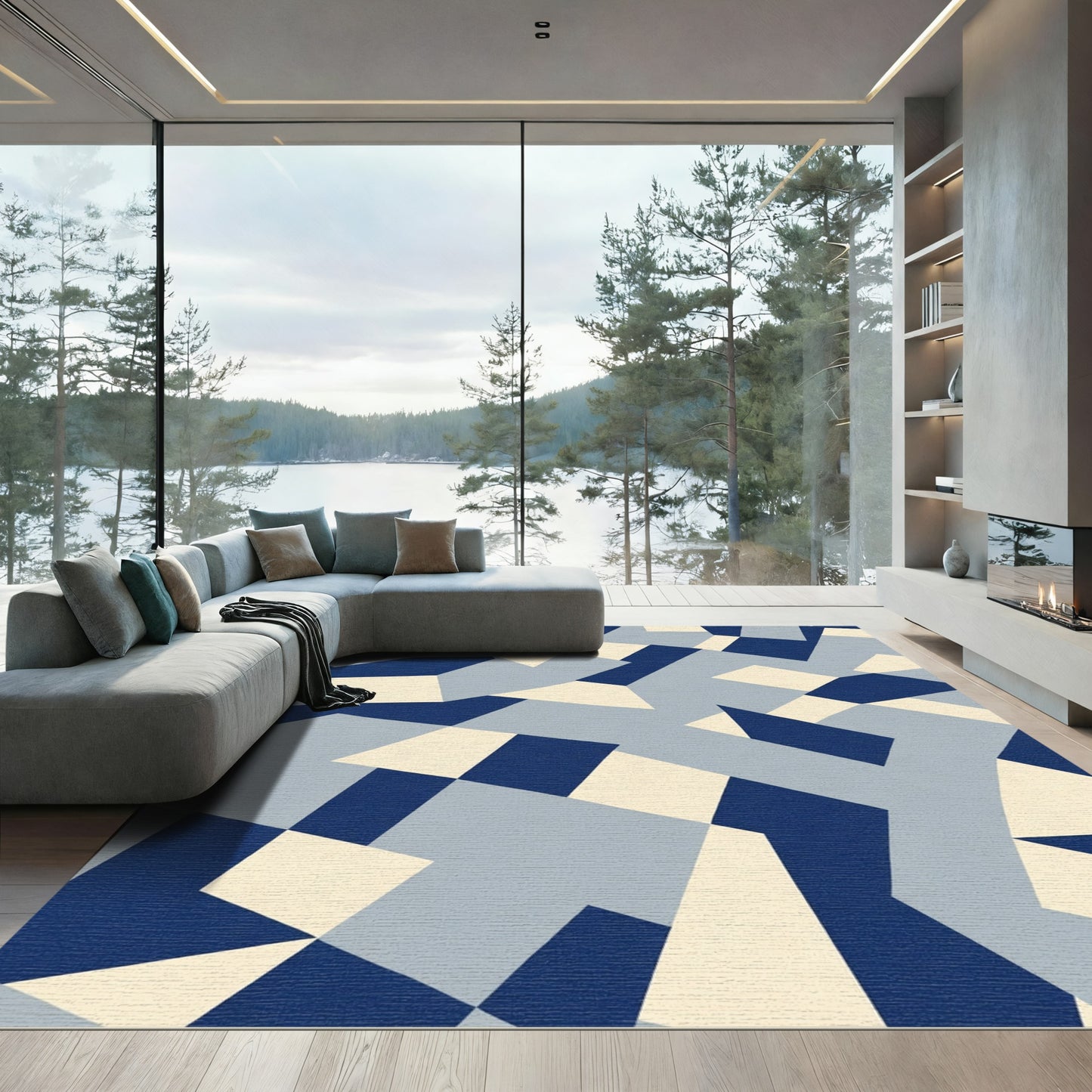 Abstract Geometric Navy Blue Composition Rug