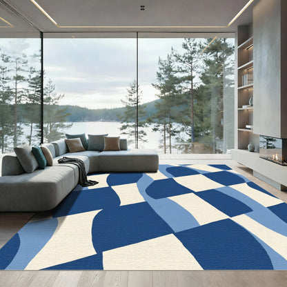 Abstract Blue Cream Wavy Blocks Rug