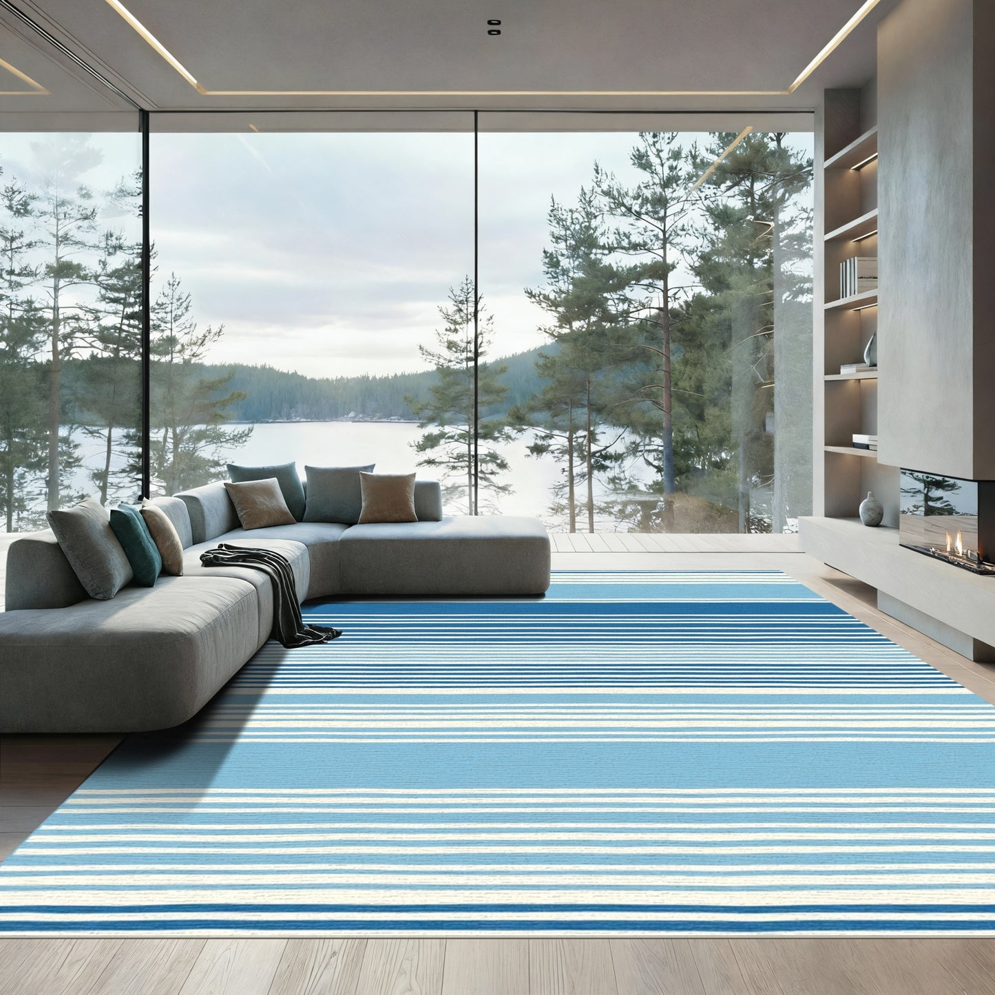 Ocean Blue White Handcrafted Stripes Rug