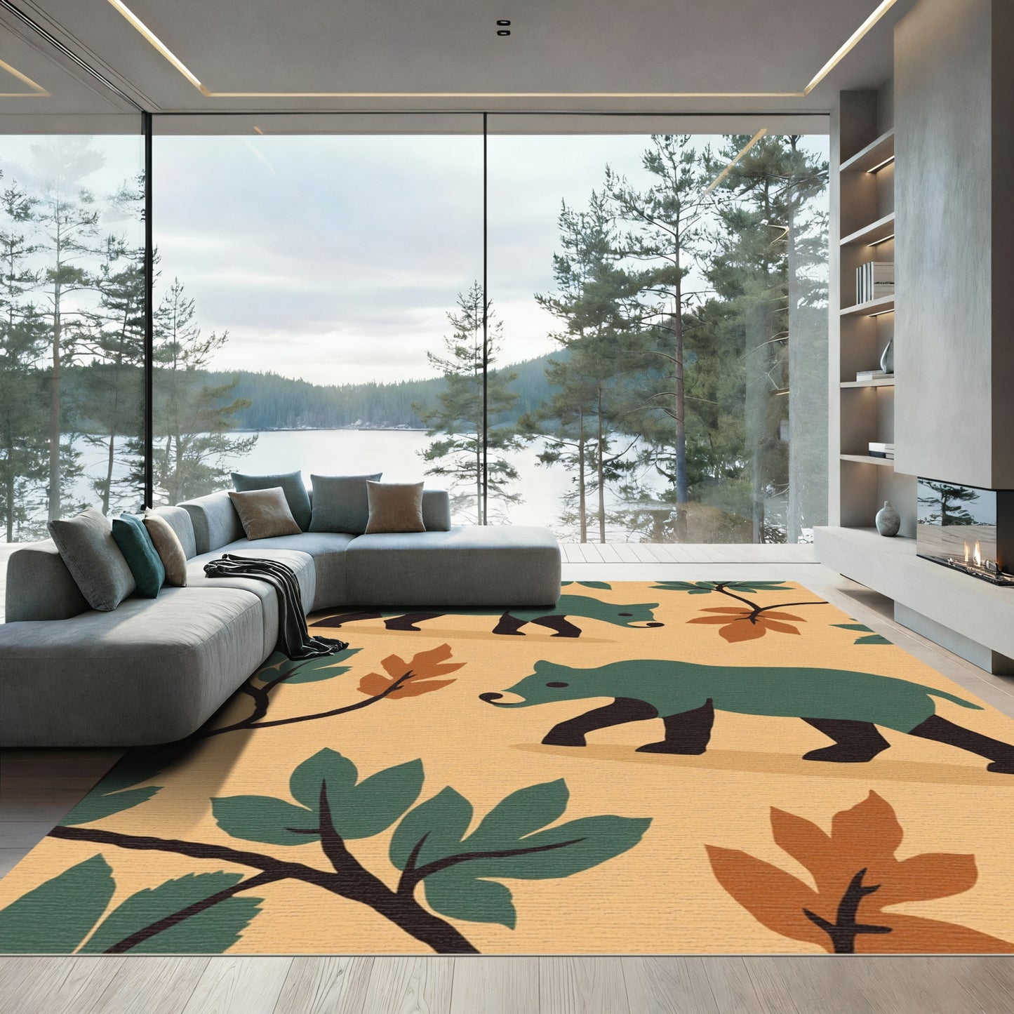 Woodland Animal Foliage Scene Rug