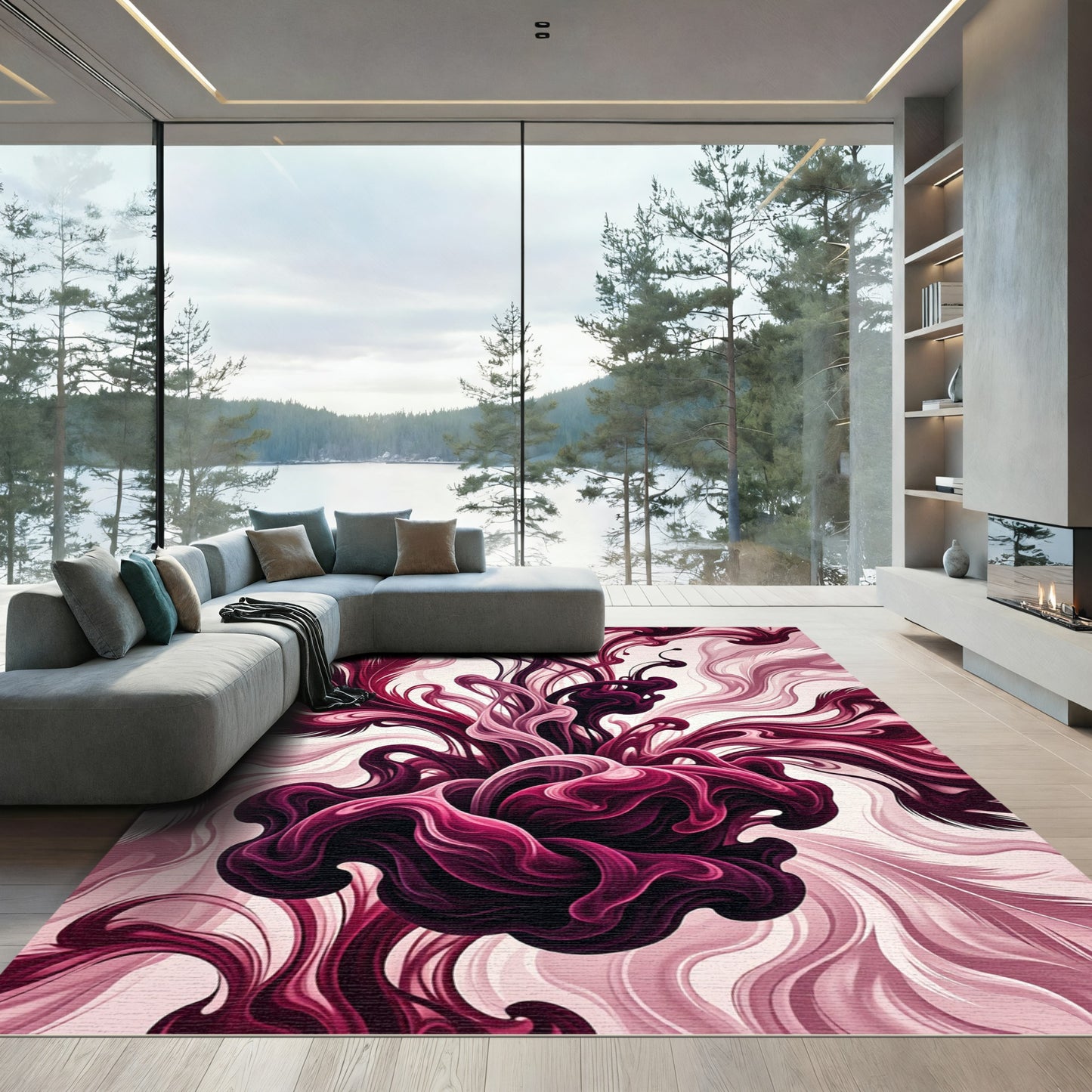 Crimson Ink Swirl Feather Abstraction Rug