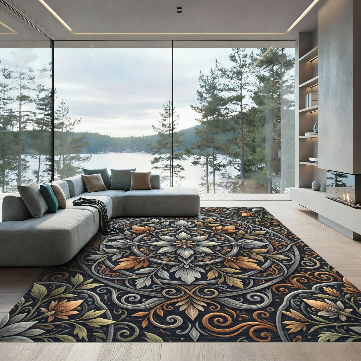 Silver and Gold Ornate Floral Mandala Rug