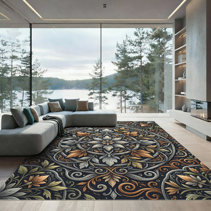 Silver and Gold Ornate Floral Mandala Rug