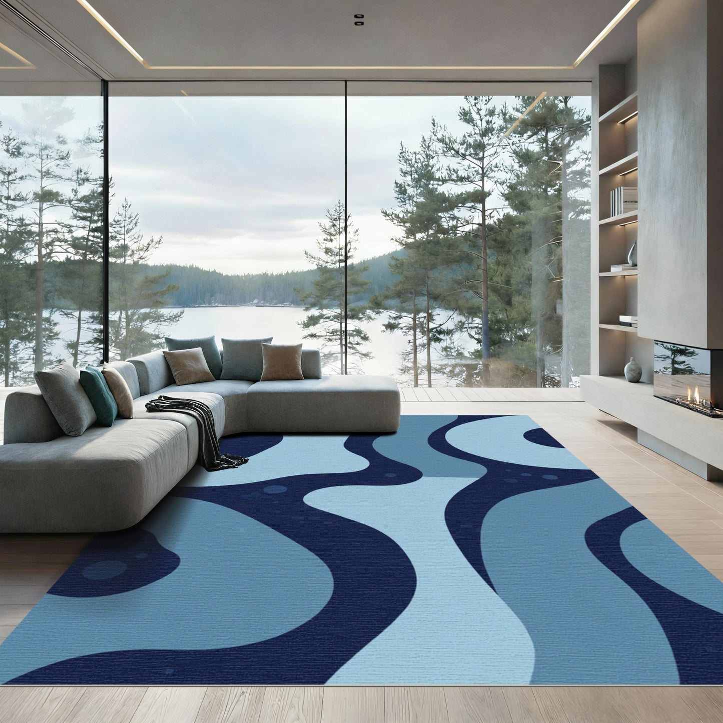 Deep Blue Fluid Organic Swirls Rug