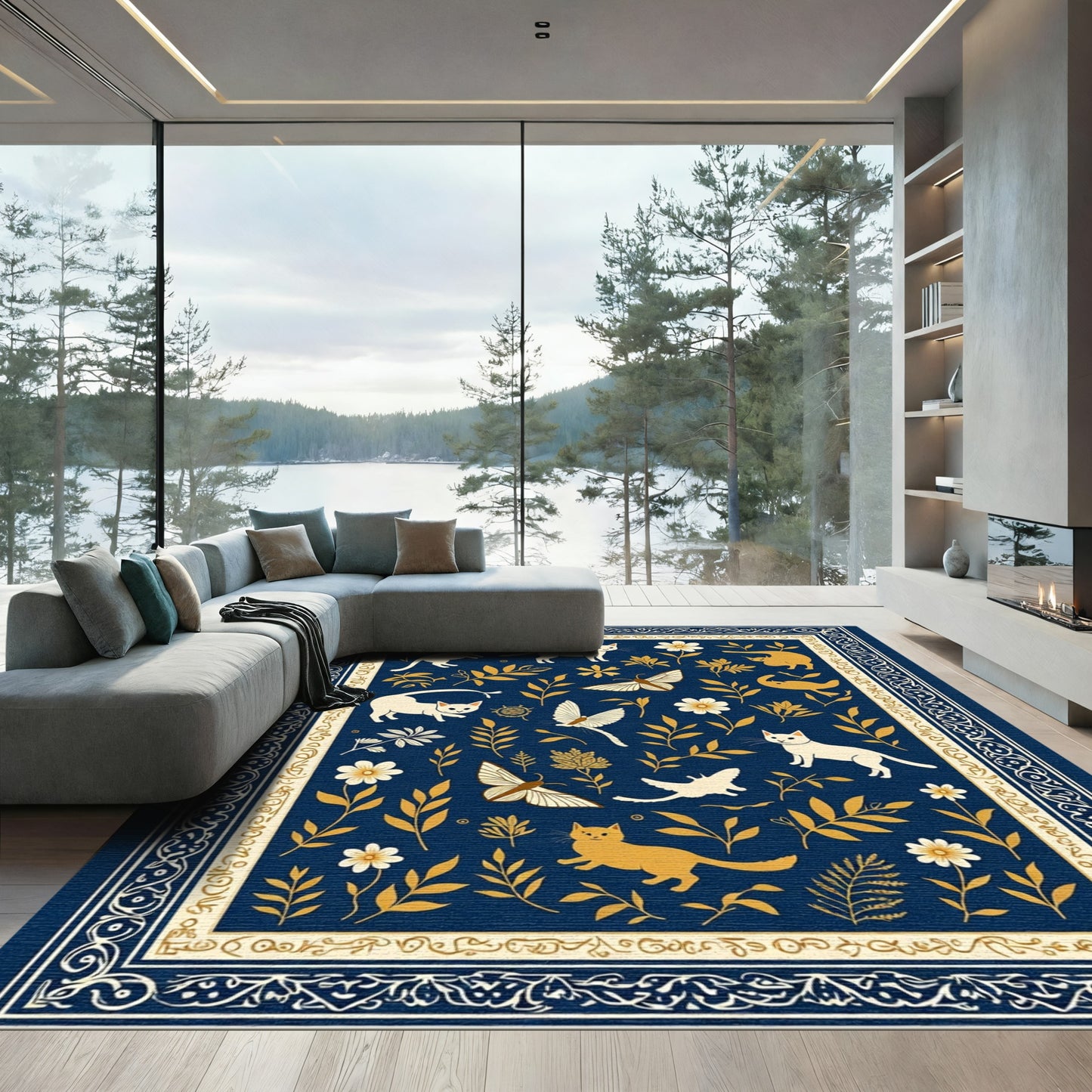 Whimsical Cats Butterflies Floral Navy Rug