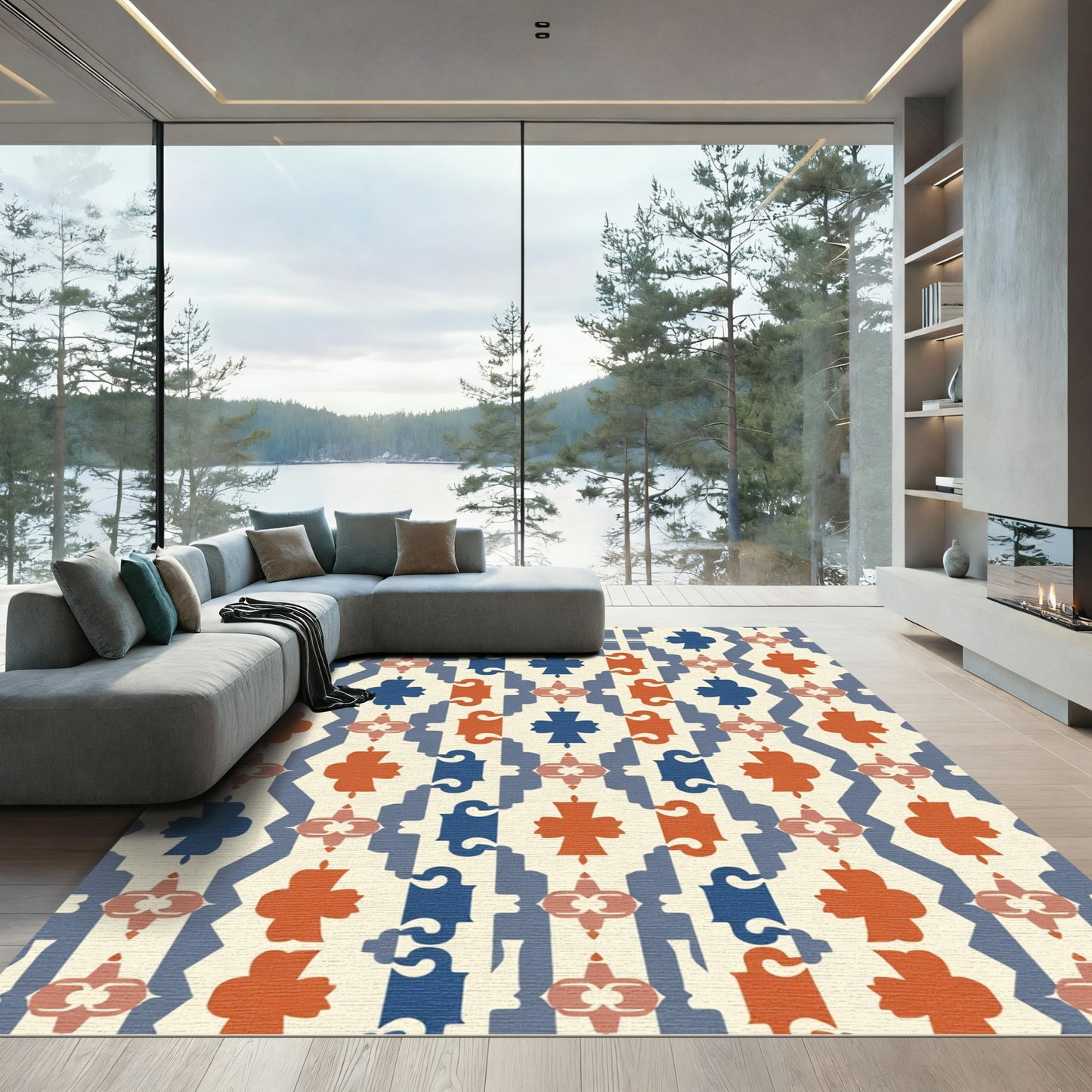 Cream Blue Orange Geometric Overlay Rug