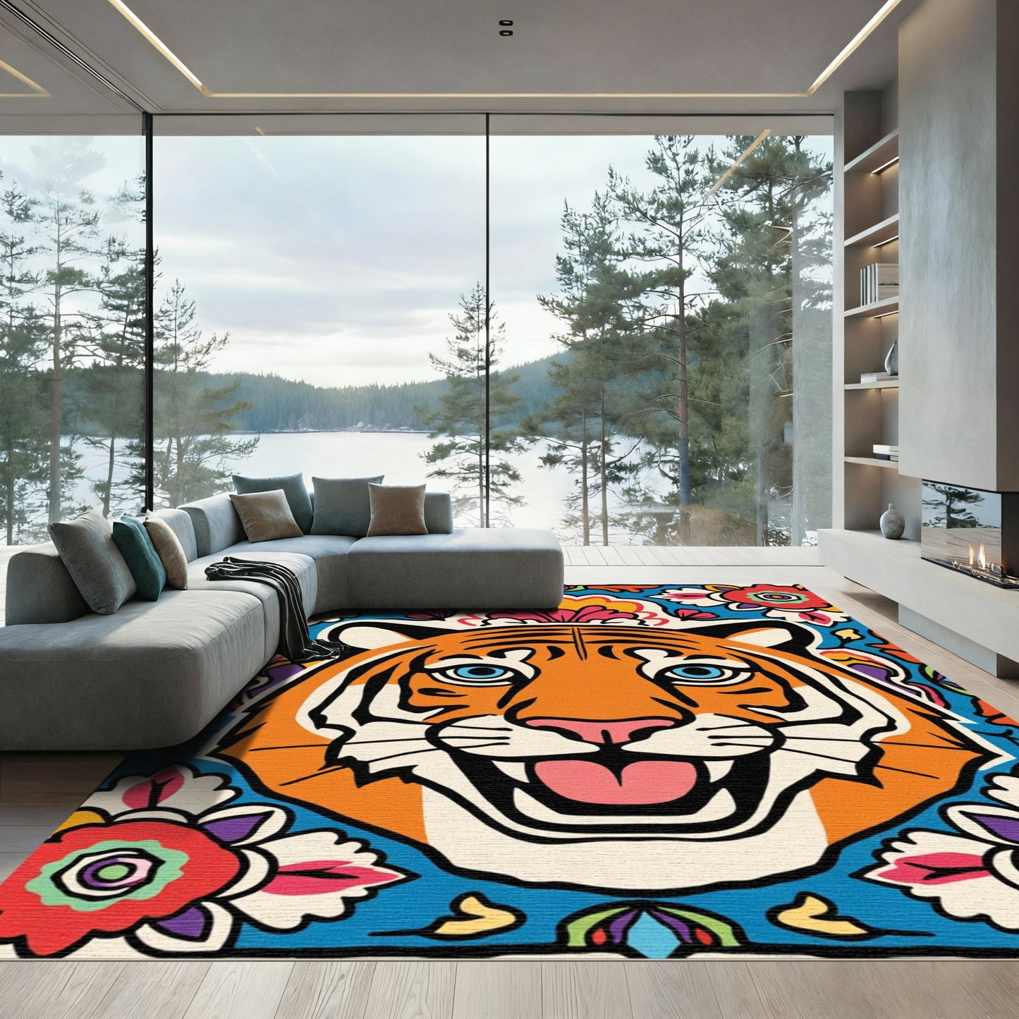 Vibrant Orange Tiger Floral Arrangement Rug