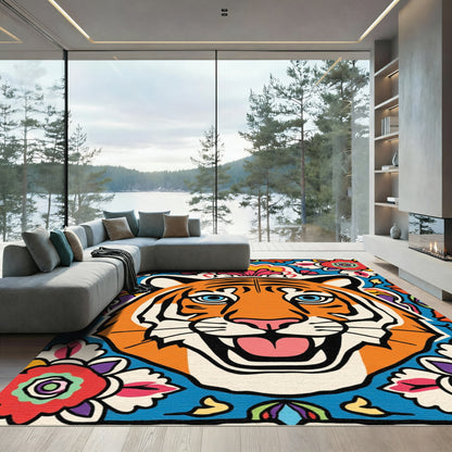 Vibrant Orange Tiger Floral Arrangement Rug