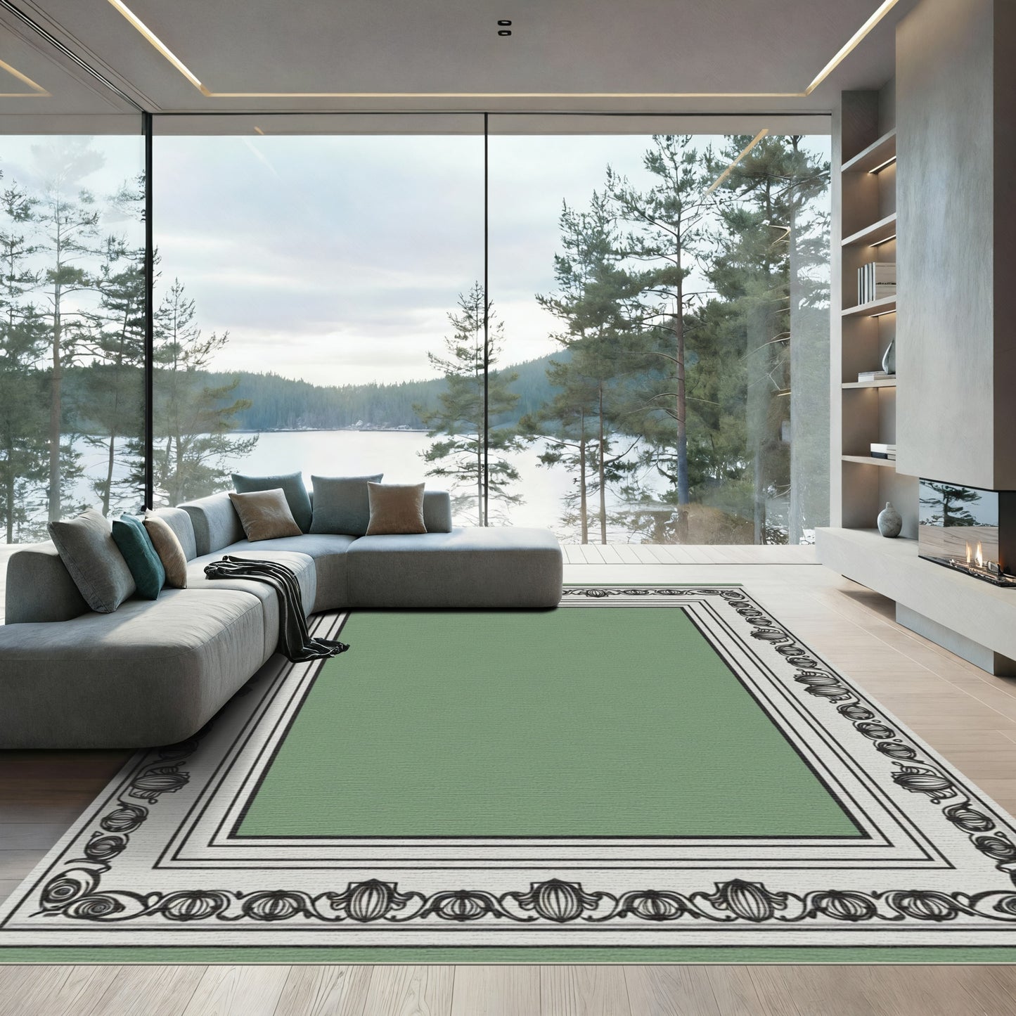 Art Nouveau Green Floral Frame Rug
