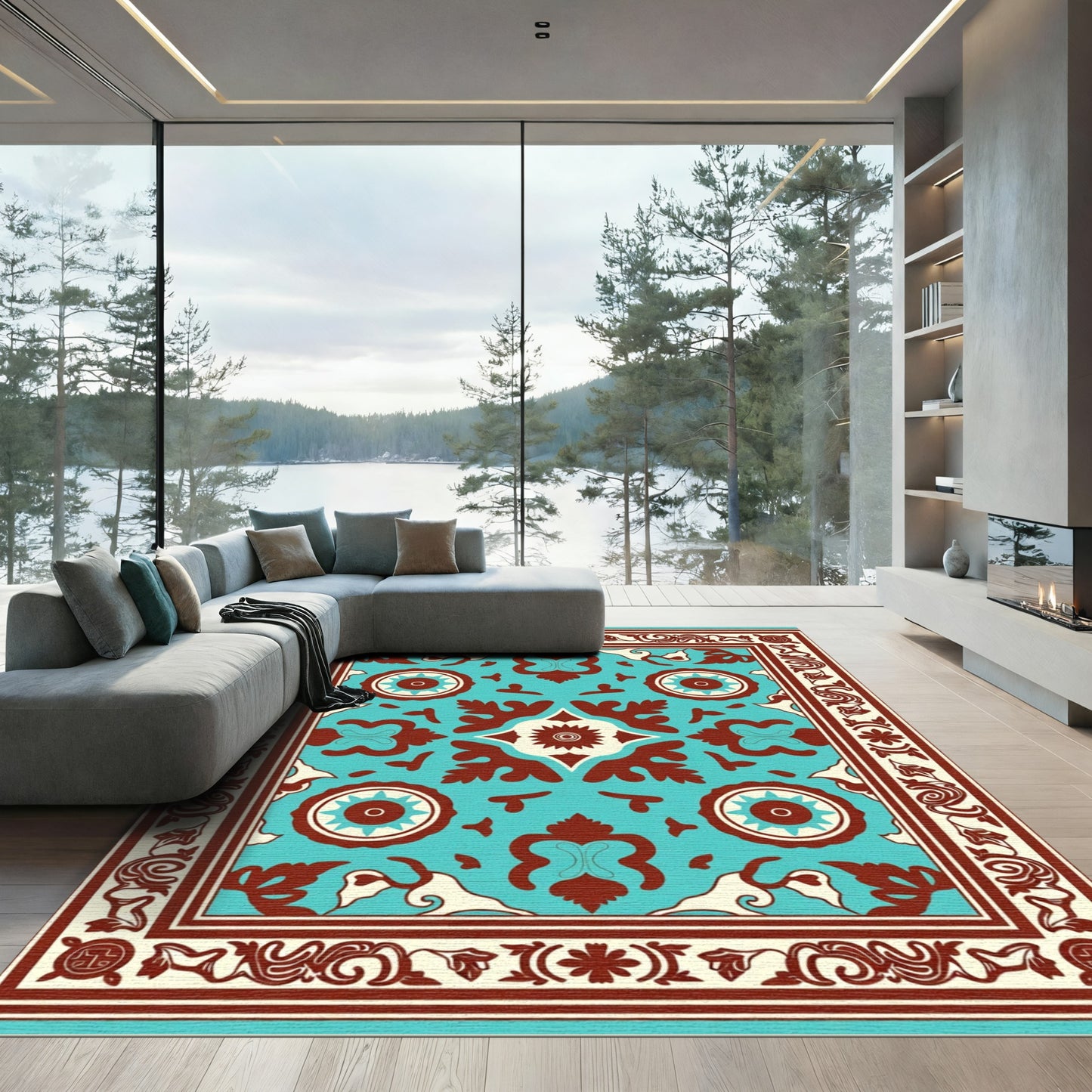 Turquoise Red Floral Medallion Border Rug