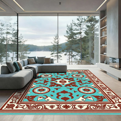 Turquoise Red Floral Medallion Border Rug