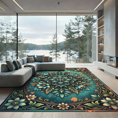 Teal Floral Mandala Botanical Accent Rug